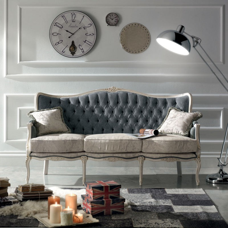 Divano classico 3 posti barocco imbottito grigio 186x83x98