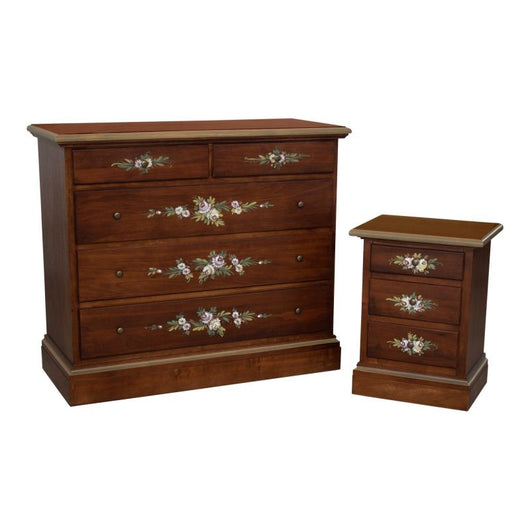 Gruppo 1 cassettiera 2 comodini arte povera noce decorato - Mobili 2G