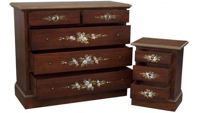 Gruppo 1 cassettiera 2 comodini arte povera noce decorato - Mobili 2G