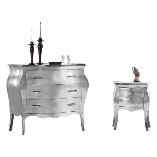 Gruppo 1 cassettiera 2 comodini bombati foglia argento maniglie swarovski - Mobili 2G