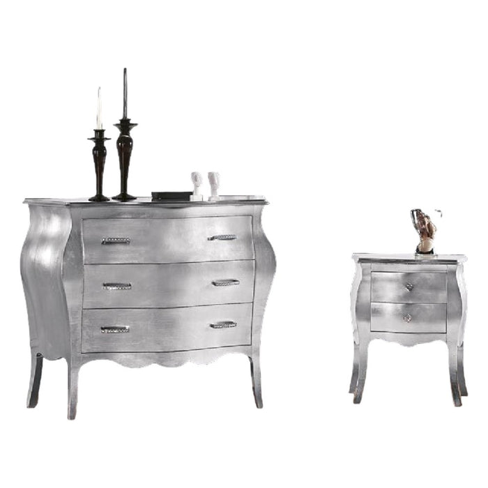 Gruppo 1 cassettiera 2 comodini bombati foglia argento maniglie swarovski - Mobili 2G