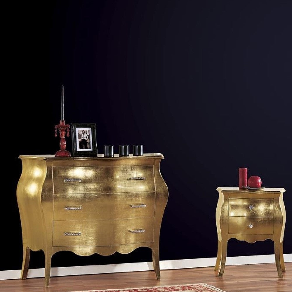 Gruppo 1 cassettiera 2 comodini bombati foglia oro maniglie swarovski - Mobili 2G