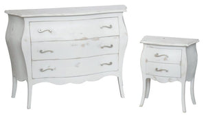 Gruppo 1 cassettiera 2 comodini bombati legno shabby bianco consumato - Mobili 2G