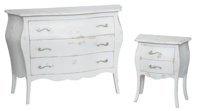 Gruppo 1 cassettiera 2 comodini bombati legno shabby bianco consumato - Mobili 2G