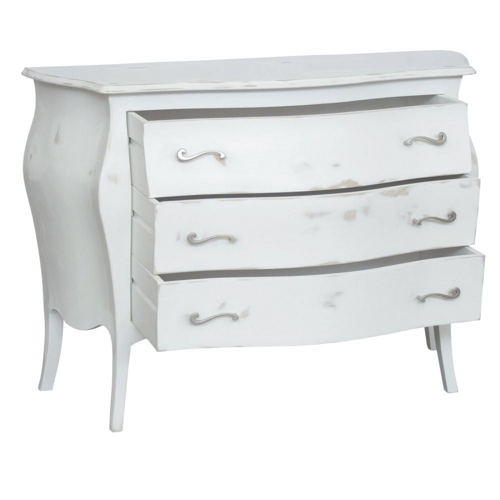 Gruppo 1 cassettiera 2 comodini bombati legno shabby bianco consumato - Mobili 2G