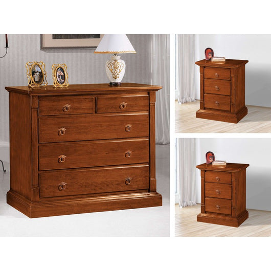 Gruppo 1 cassettiera 2 comodini legno arte povera capitello tinta noce (415+416) - Mobili 2G