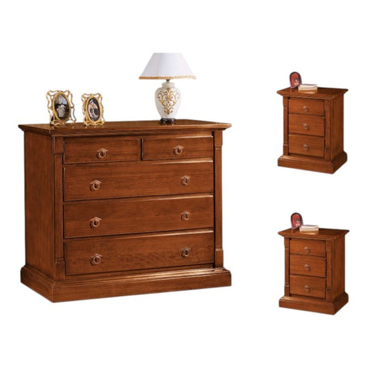 Gruppo 1 cassettiera 2 comodini legno arte povera capitello tinta noce (415+416) - Mobili 2G