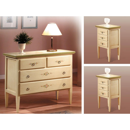 Gruppo 1 cassettiera 2 comodini legno shabby avorio verde (1309+1310) - Mobili 2G