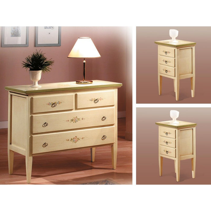 Gruppo 1 cassettiera 2 comodini legno shabby avorio verde (1309+1310) - Mobili 2G