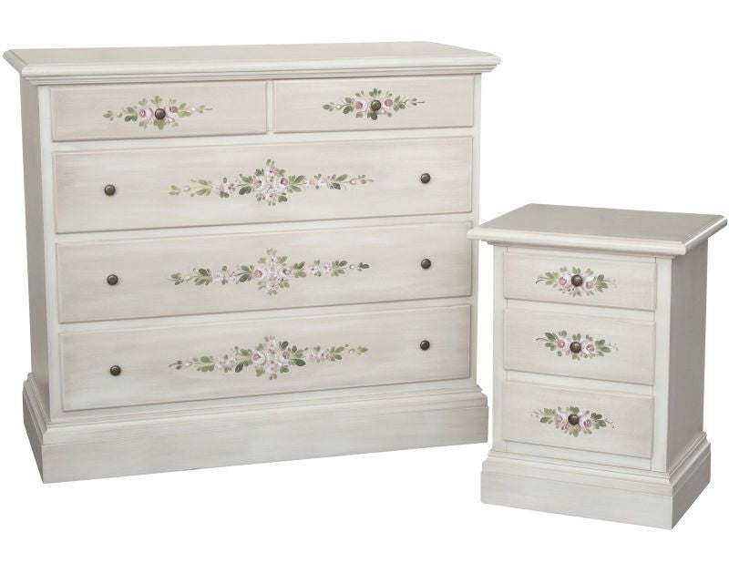 Gruppo 1 cassettiera 2 comodini shabby bianco anticato decorato - Mobili 2G