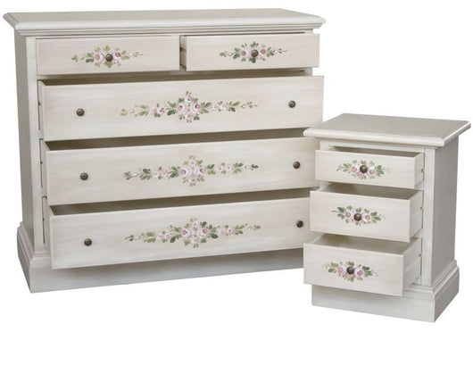 Gruppo 1 cassettiera 2 comodini shabby bianco anticato decorato - Mobili 2G