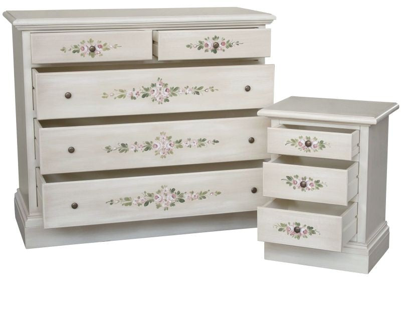 Gruppo 1 cassettiera 2 comodini shabby bianco anticato decorato - Mobili 2G