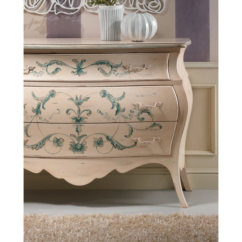 Gruppo 1 comò 2 comodini bombato shabby legno avorio decori floreali (1369) (1368) - Mobili 2G