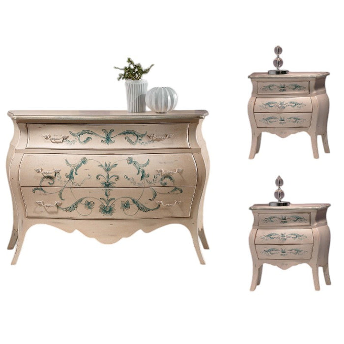 Gruppo 1 comò 2 comodini bombato shabby legno avorio decori floreali (1369) (1368) - Mobili 2G