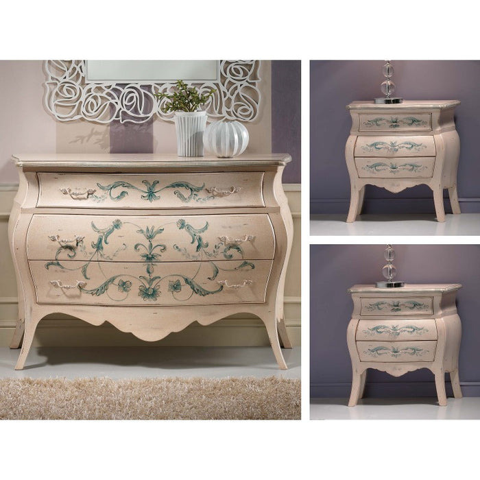 Gruppo 1 comò 2 comodini bombato shabby legno avorio decori floreali (1369) (1368) - Mobili 2G