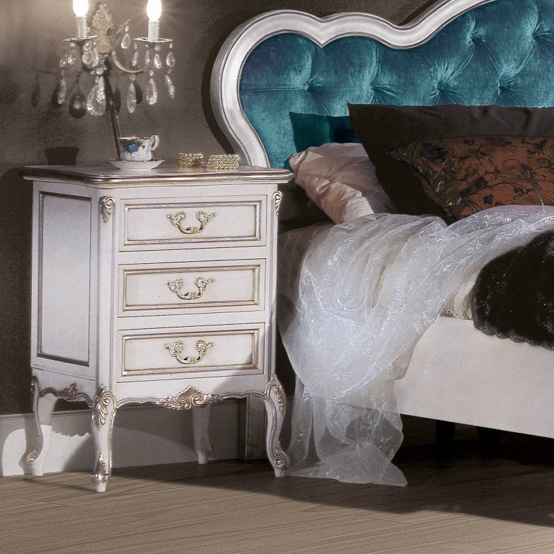 Gruppo cassettiera e comodini 3 cassetti classici legno shabby bianco argento - Mobili 2G