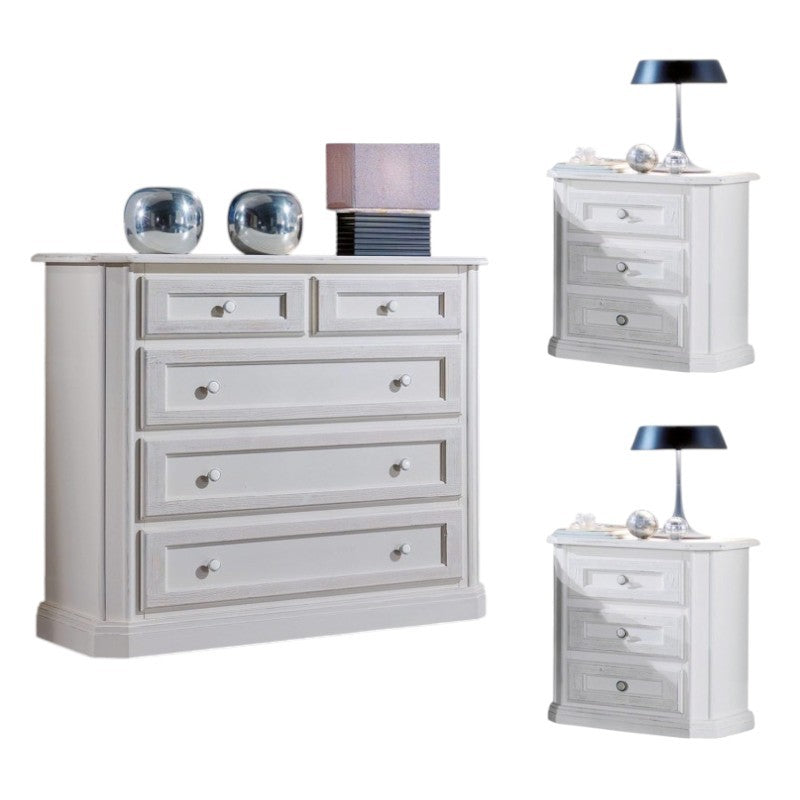 gruppo cassettiera e due comodini legno shabby bianco spazzolato - Mobili 2G