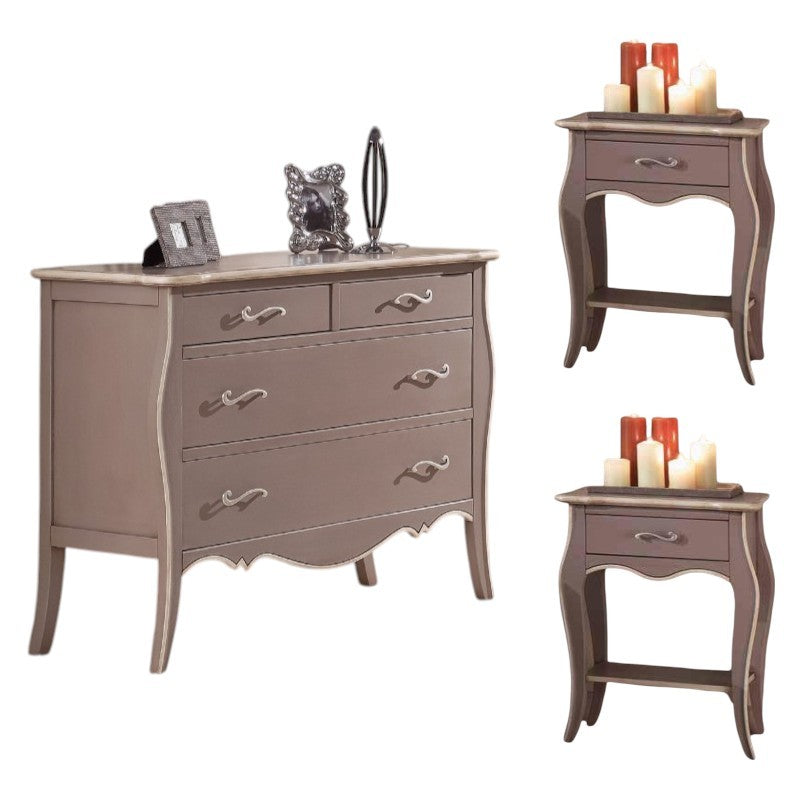 gruppo cassettiera e due comodini legno shabby tortora filo avorio (1479+1480) - Mobili 2G