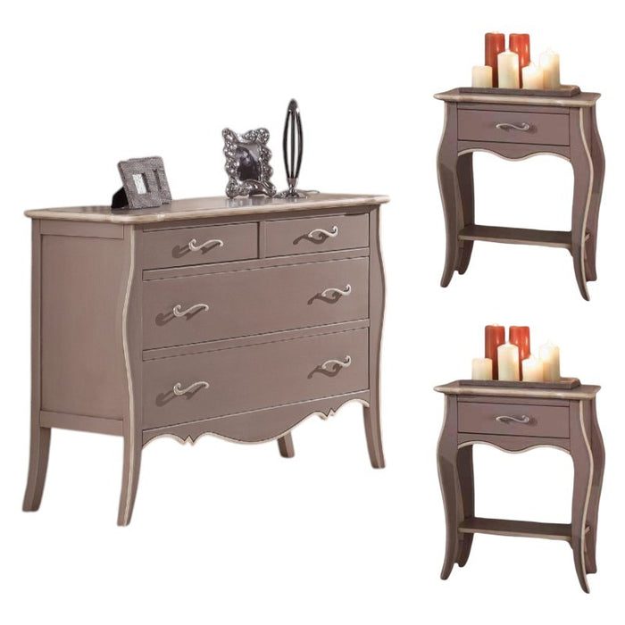 gruppo cassettiera e due comodini legno shabby tortora filo avorio (1479+1480) - Mobili 2G