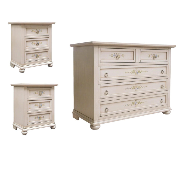 Gruppo como' 2 comodini arte povera legno avorio patinato con decori