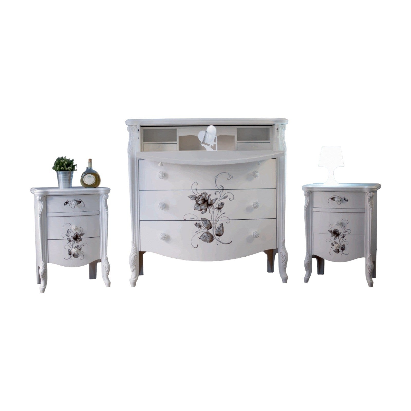 Gruppo como' 2 comodini classico in legno bianco decorato - Mobili 2G