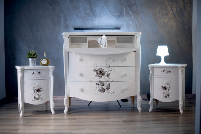 Gruppo como' 2 comodini classico in legno bianco decorato - Mobili 2G