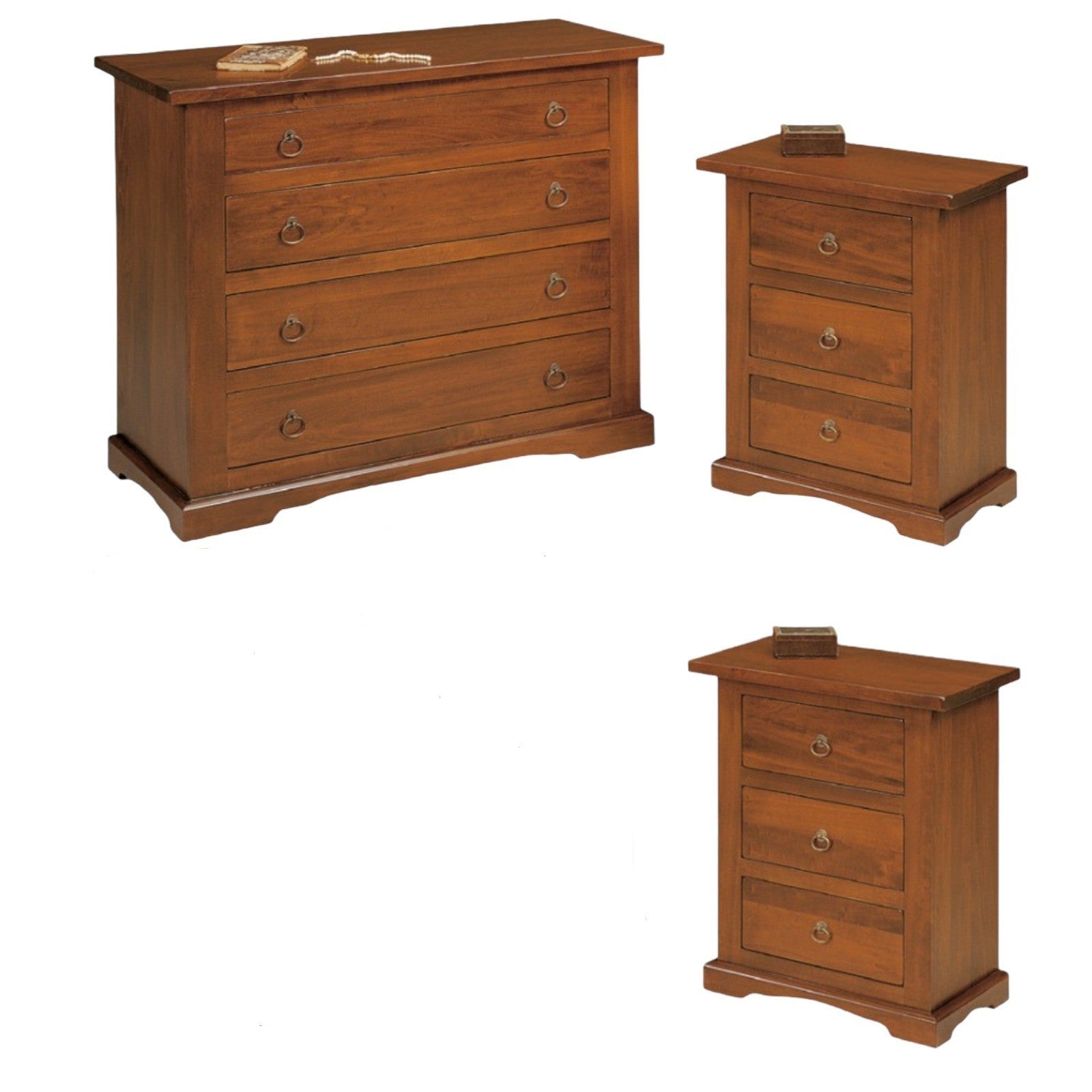 Gruppo como' e 2 comodini arte povera tinta noce