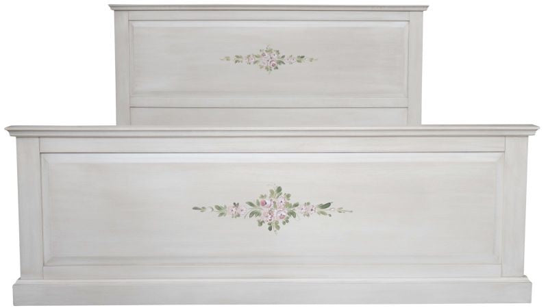 Letto matrimoniale in legno shabby bianco anticato decorato 173x209x110 - Mobili 2G