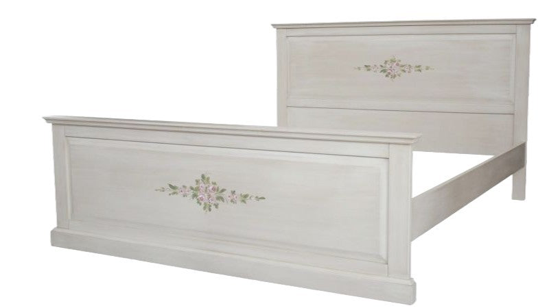 Letto matrimoniale in legno shabby bianco anticato decorato 173x209x110 - Mobili 2G