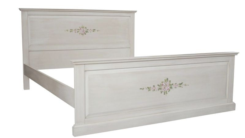 Letto matrimoniale in legno shabby bianco anticato decorato 173x209x110 - Mobili 2G
