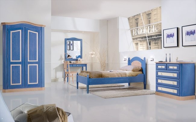 Letto singolo arte povera blu e miele legno 103x210x106 (2231) - Mobili 2G