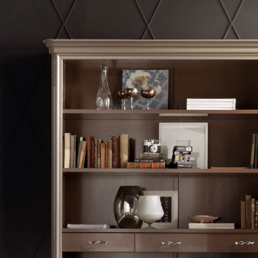 Libreria a giorno in legno 3 cassetti laccato tortora l.161 p.48 h.215 - Mobili 2G