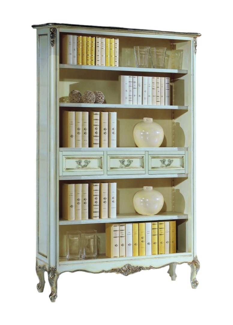 Libreria classica legno shabby bianco argento 130x50x215