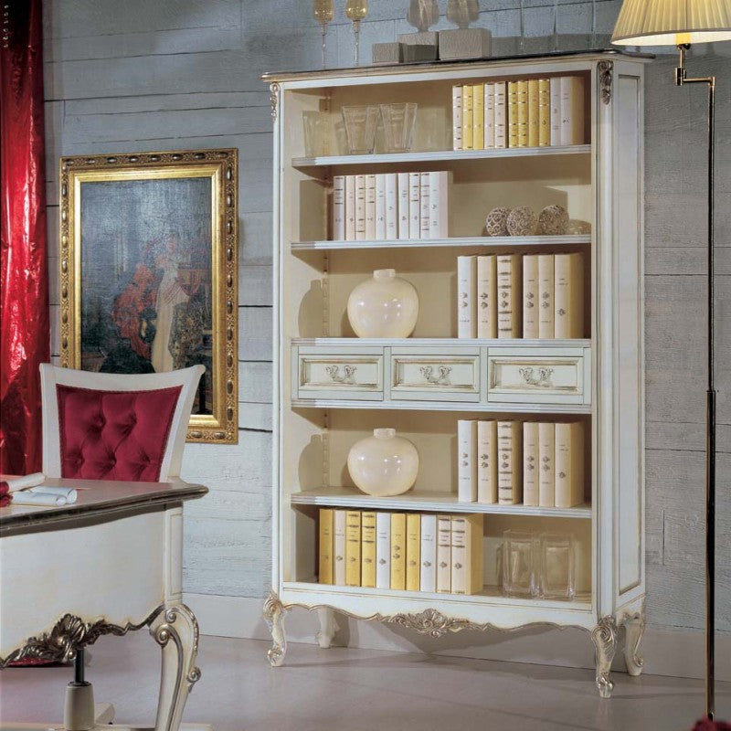 Libreria classica legno shabby bianco argento 130x50x215