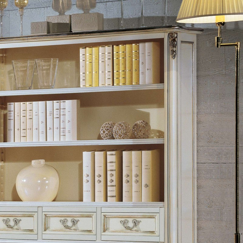 Libreria classica legno shabby bianco argento 130x50x215