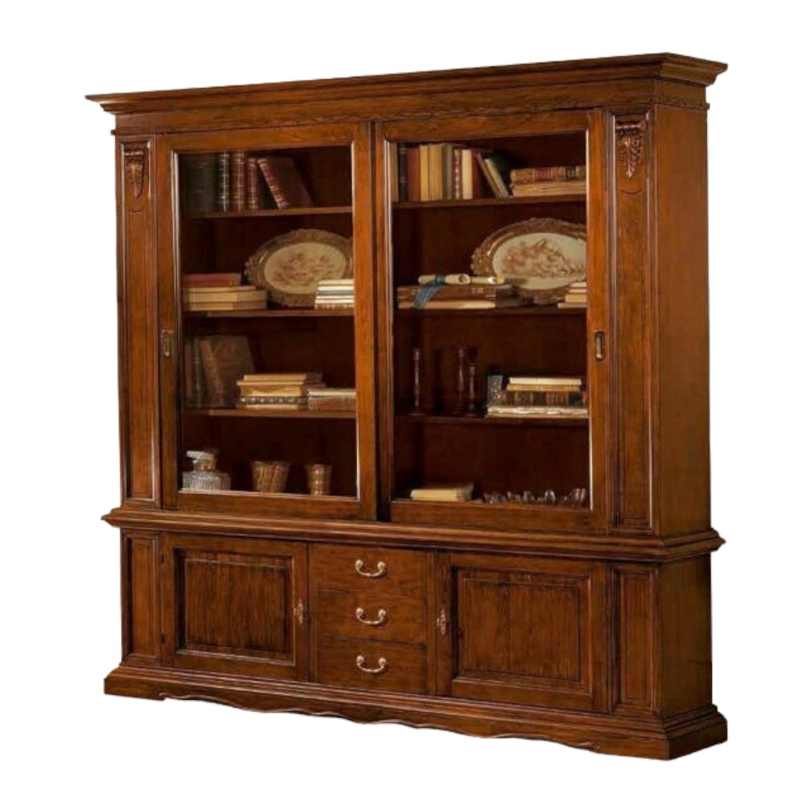 Libreria cristalliera ante scorrevoli legno tinta noce  l.212 p.45 h.220 - Mobili 2G