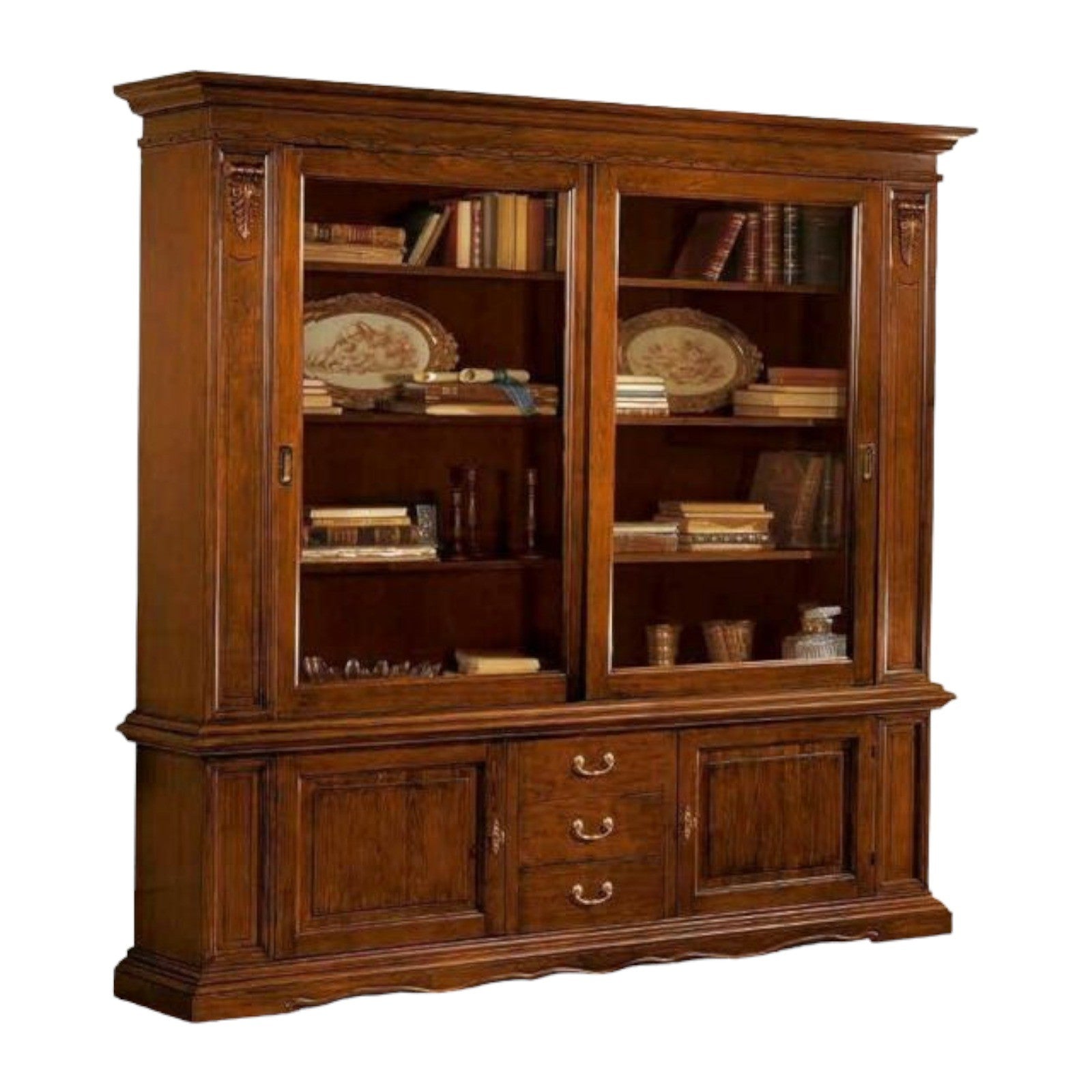 Libreria cristalliera ante scorrevoli legno tinta noce  l.212 p.45 h.220 - Mobili 2G