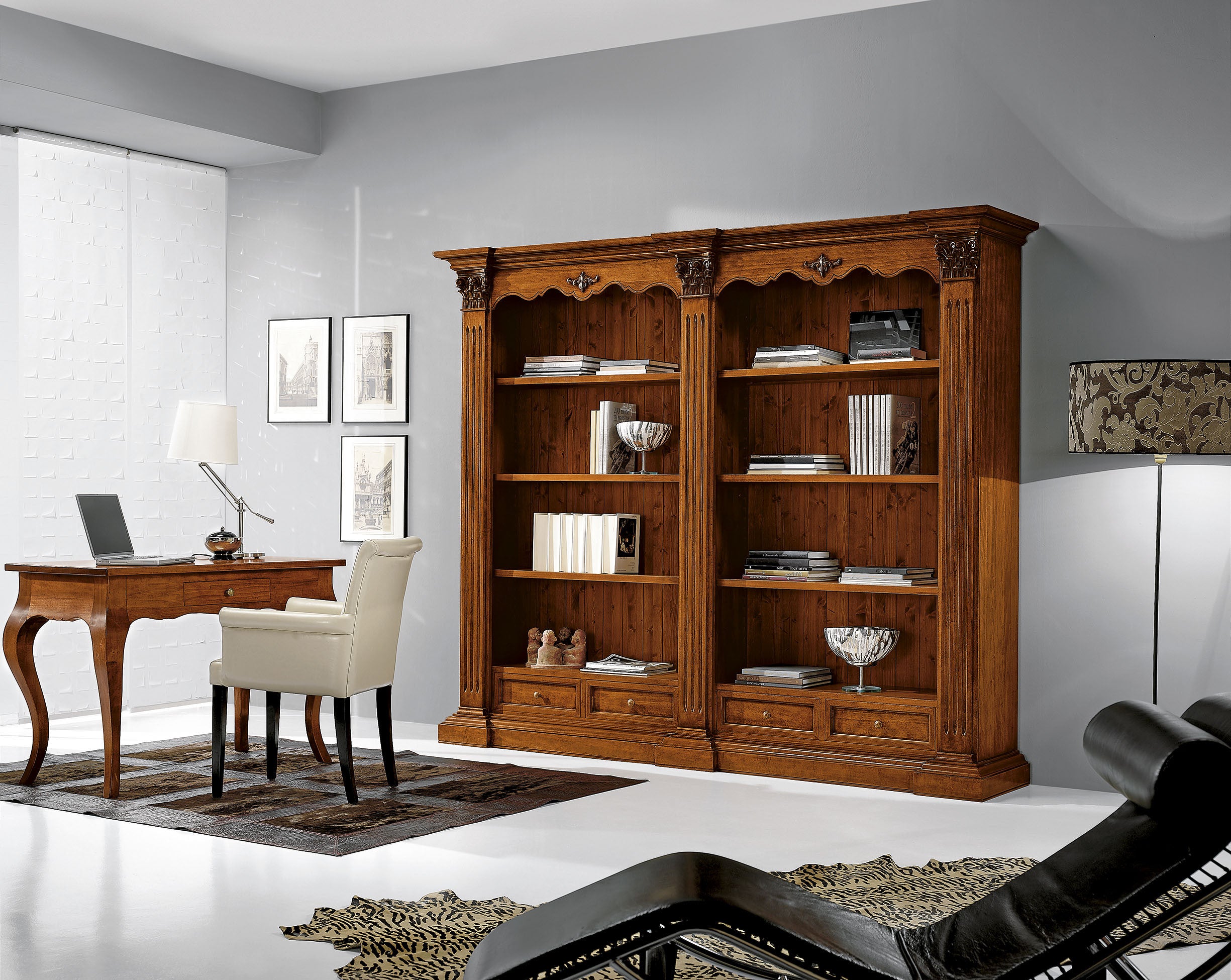 Libreria in legno tinta noce stile corintio 254x49x211 (160) - Mobili 2G