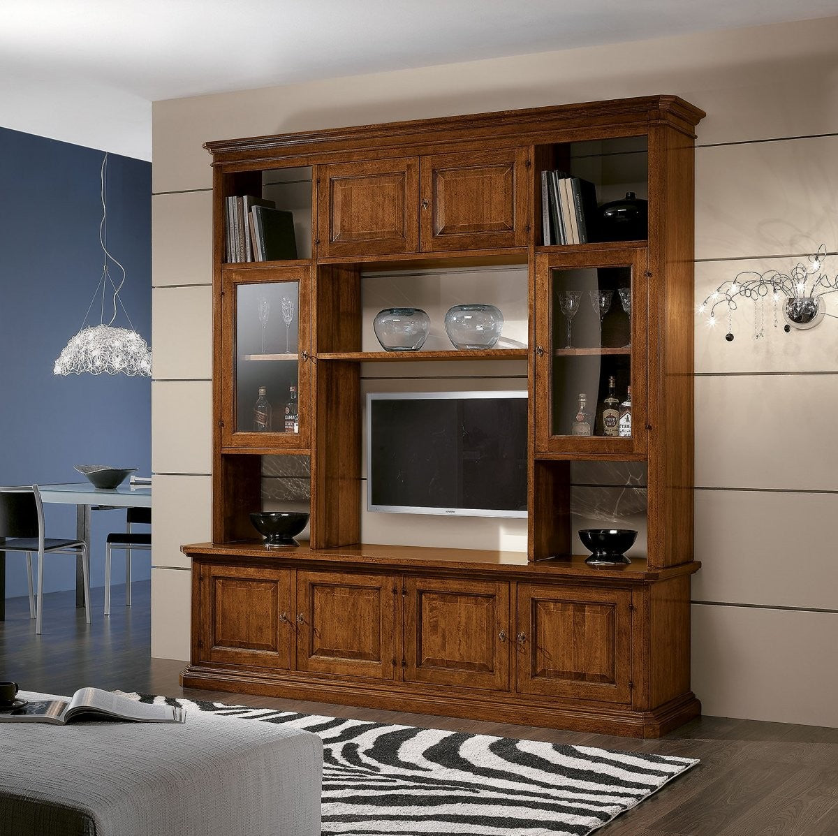 Libreria porta tv in legno arte povera tinta noce 210x60x240