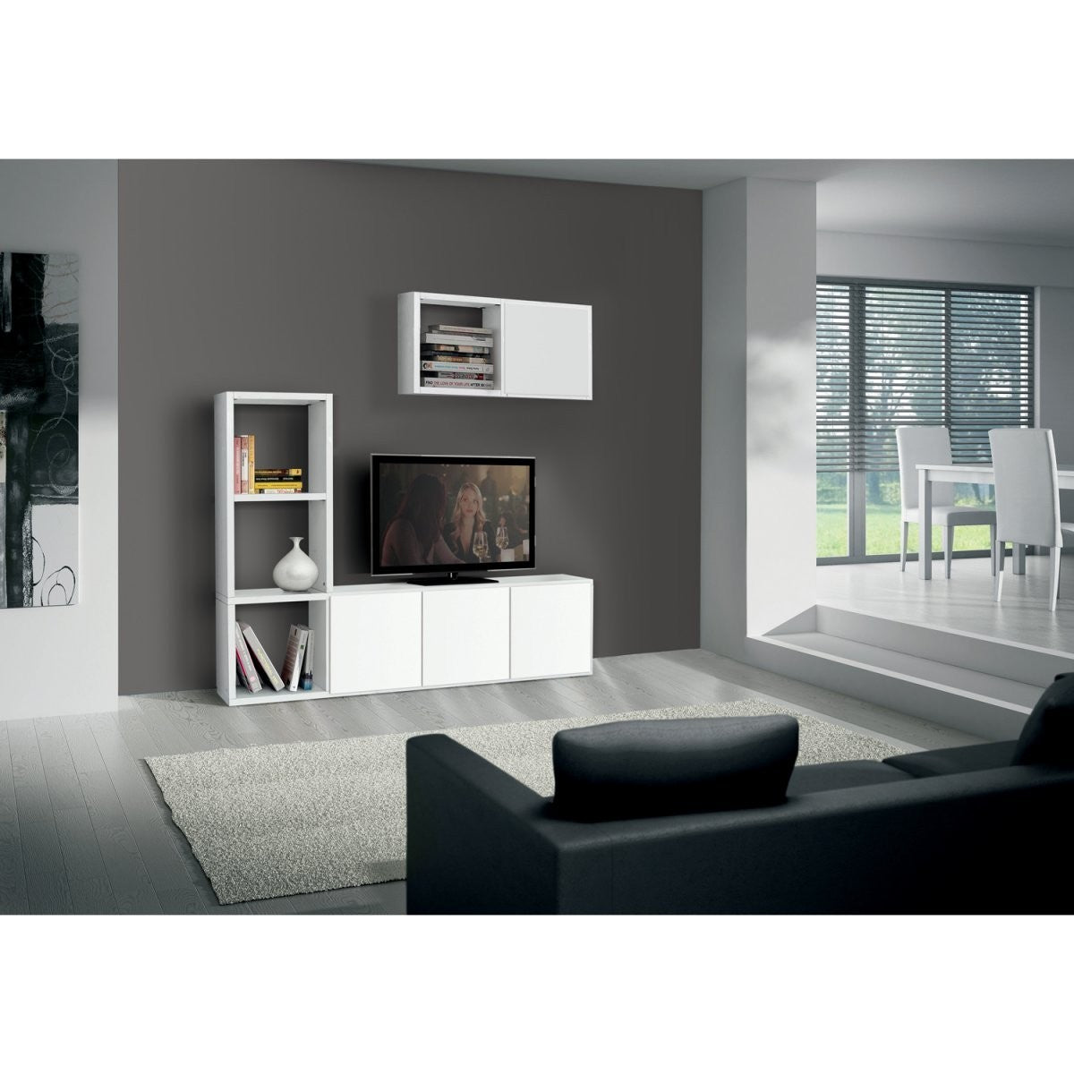 Libreria porta tv moderna bianca l.175 p.30 h.132