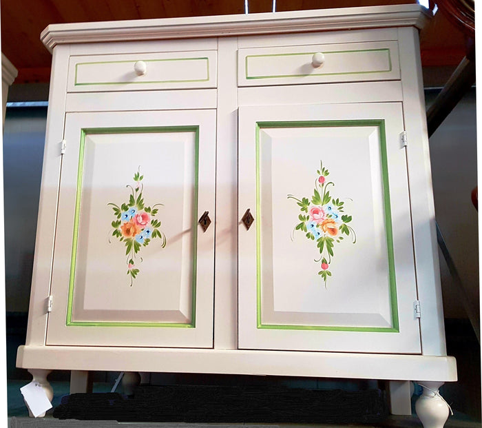 Madia credenza 2 ante napoletana bianco decori e profili verdi  l.104 p.43 h.98 (500) - Mobili 2G