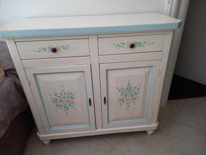 Madia credenza 2 porte bianco invecchiato decori azzurro 104x43x98