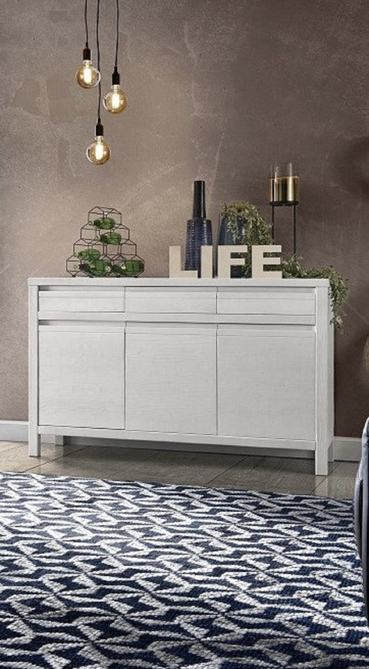 Madia credenza 3 ante 3 shabby bianco in legno massello di abete 150x50x95 (3321) - Mobili 2G