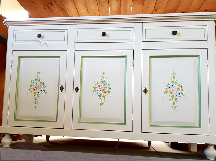 Madia credenza 3 ante napoletana bianco con decori e profili verdi l.150 p.43 h.98 (493) - Mobili 2G