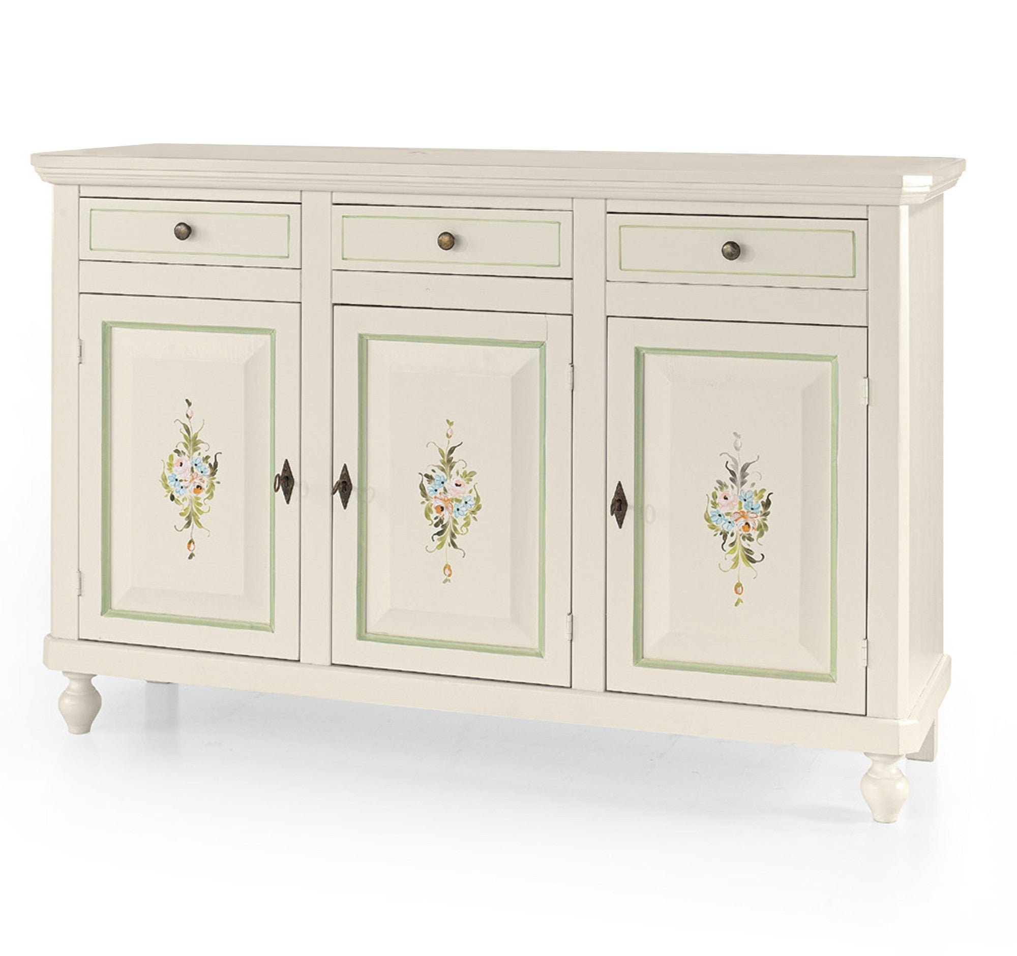 Madia credenza 3 ante napoletana bianco con decori e profili verdi l.150 p.43 h.98 (493) - Mobili 2G