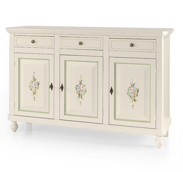Madia credenza 3 ante napoletana bianco con decori e profili verdi l.150 p.43 h.98 (493) - Mobili 2G