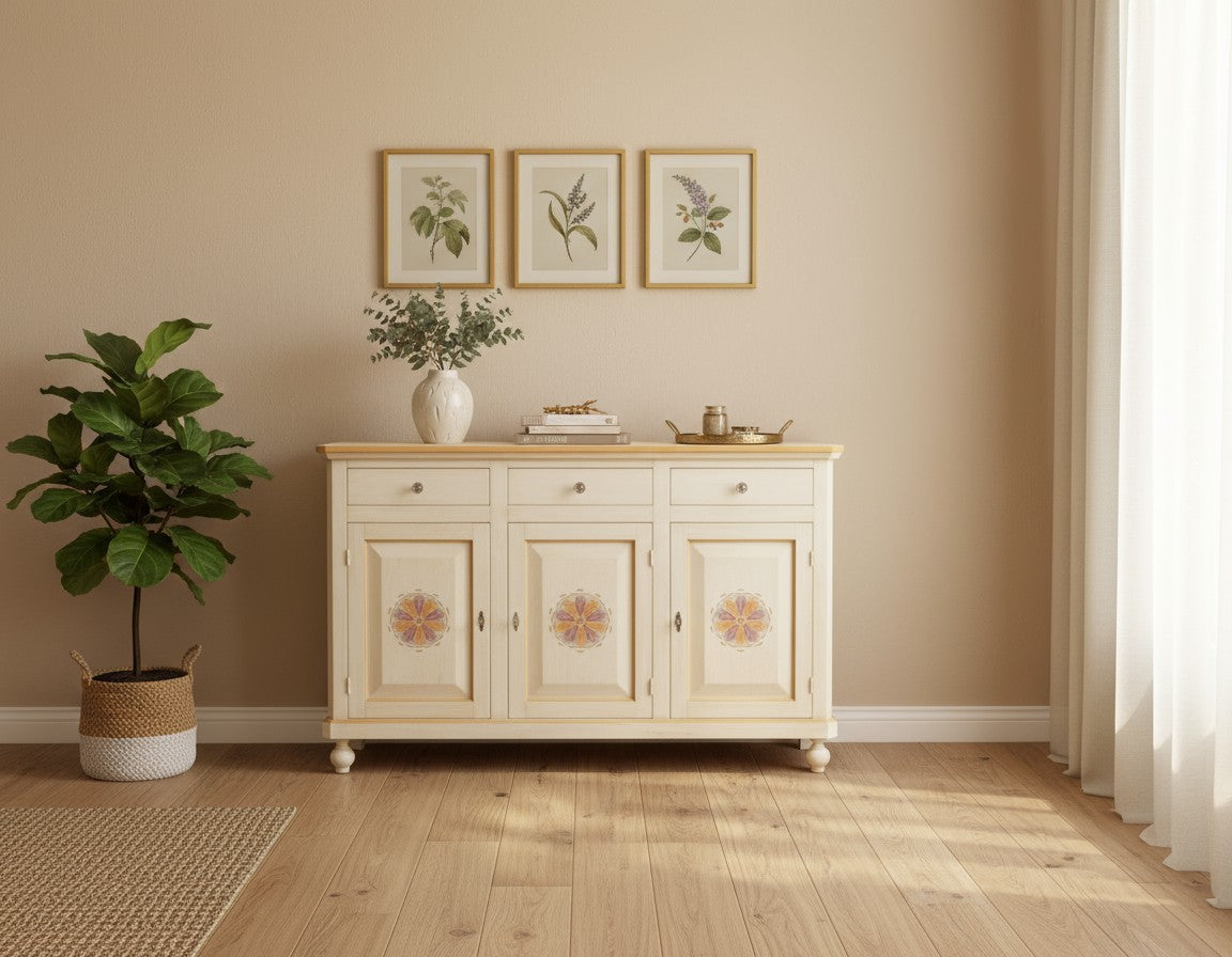 Madia credenza in legno 3 ante avorio pennellato l.150 p.43 h.98 (1081) - Mobili 2G