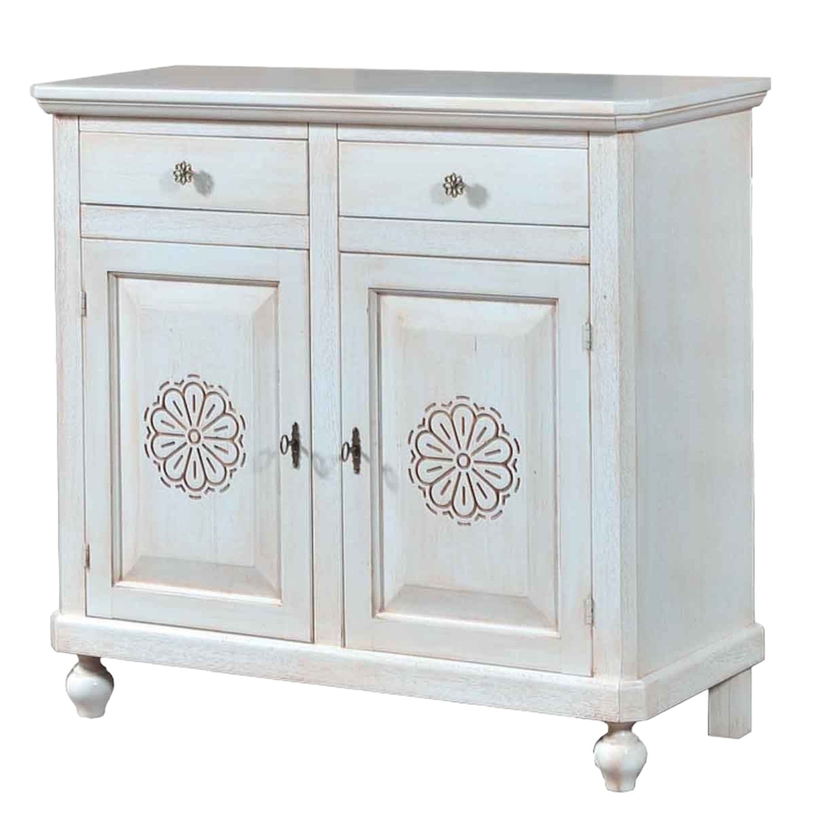 Madia credenza in legno bianco invecchiato e decori l.104 p.43 h.98