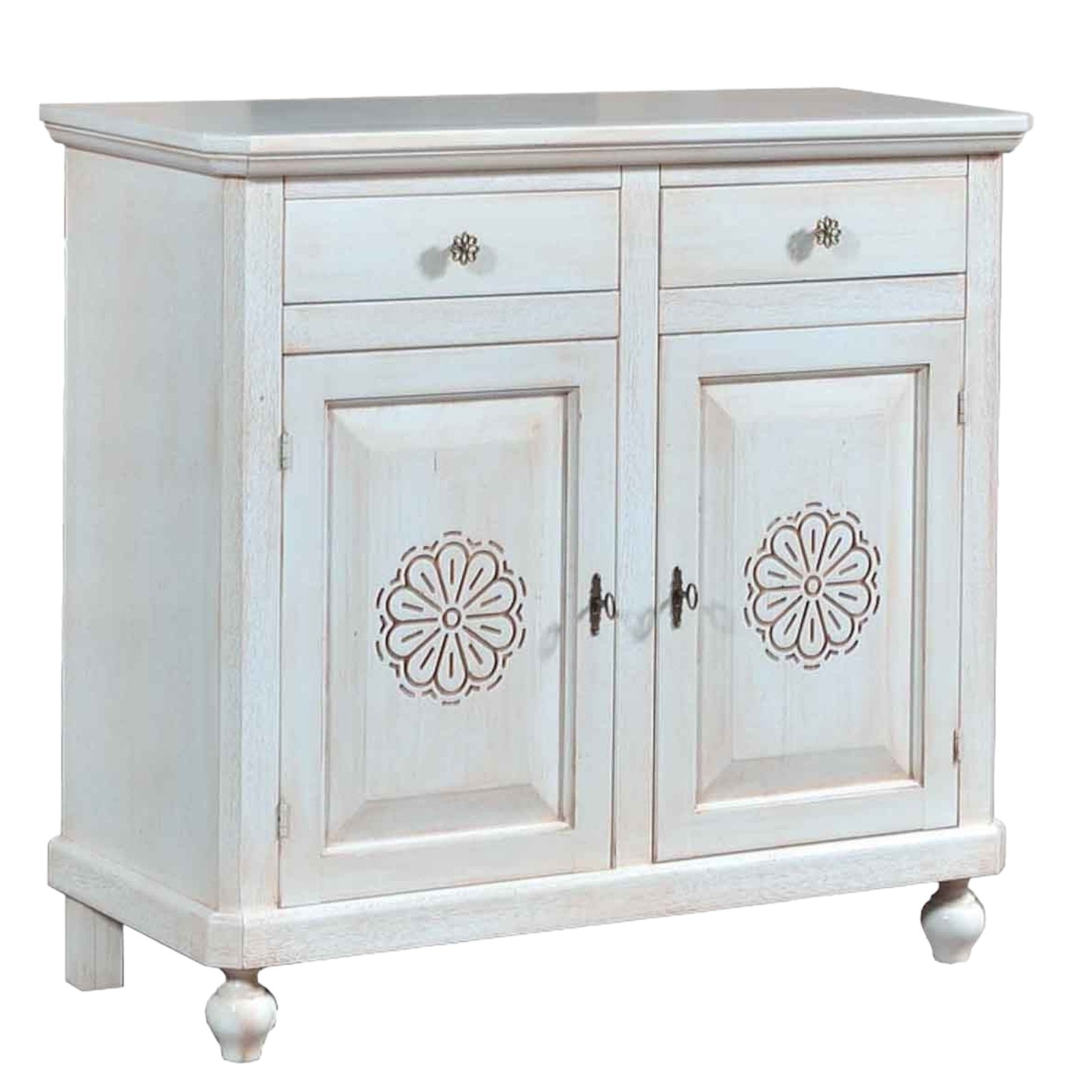 Madia credenza in legno bianco invecchiato e decori l.104 p.43 h.98