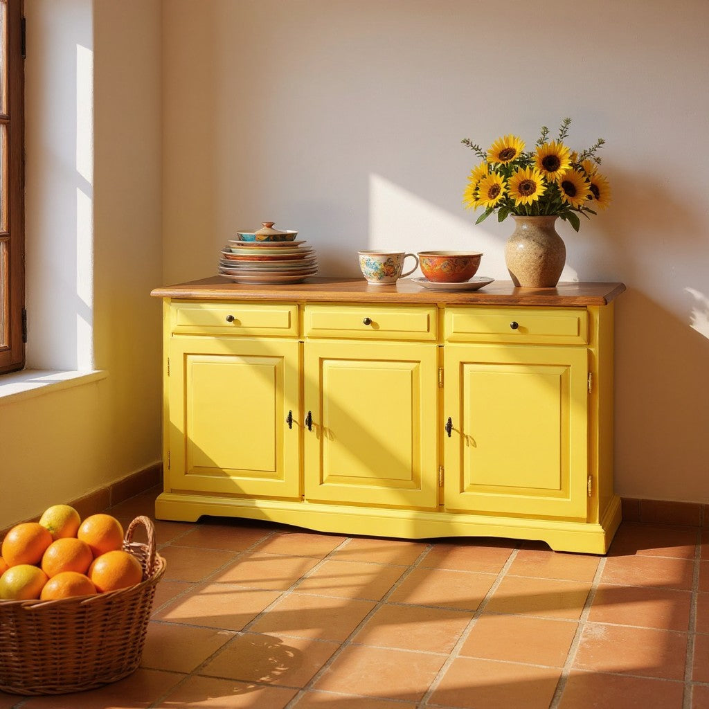 Madia credenza in legno laccato pennellato gialla l.156 p.42 h.85 - Mobili 2G